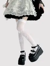 可愛いリボンデザインの白色ロングソックス【うさぎモチーフ・夏用・薄手・ロリータスタイル】