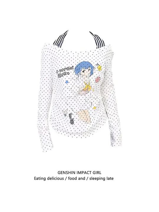 波点柄アニメプリント長袖Tシャツ【オフショルダー・スリムフィット・大人可愛いデザイン】
