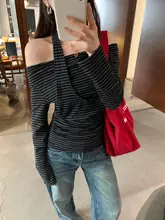 デザイン性の高い肩出し長袖ウールTシャツ【ストライプ・ハイネック・秋用】（セットアップ対応）