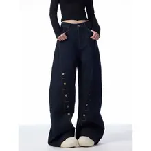 春のアメリカンデザイン ラップカットデニムパンツ【多列ボタン・レディース・ルーズフィット】（セットアップ対応）
