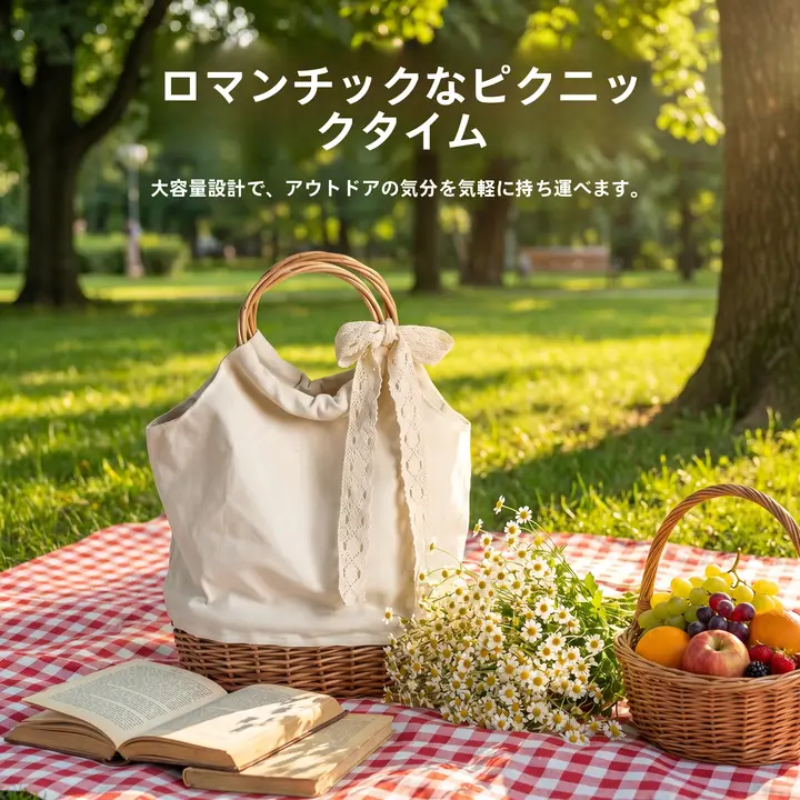 レトロなピクニックバスケット【手編み・シンプルなデザイン・リゾート用】