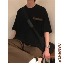 半袖Tシャツ ユニセックス 厚手 ポケット付き ブラック オーバーサイズ シティボーイ カジュアル ストリート 通学 「NAGAWL」