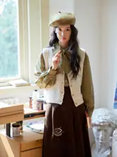 刺繍チェック柄のリボン付きブラウス【女性用・フレンチスタイル】