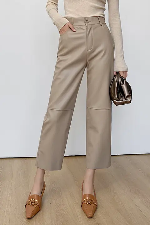 9分レザーパンツ 女性 ハイウエスト ゴム連結 裏起毛 秋冬 通勤 ゆったり スリム ストレート カジュアルパンツ