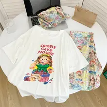 綿製 レディース夏用Tシャツパジャマセット【丸首・可愛いキャラクター・短袖・3点セット】