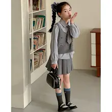 子供用春季新作 ベスト付きシャツとプリーツスカート【おしゃれなデザイン・女の子用】（セットアップ対応）