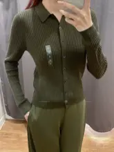 ポロ襟リブ編みニットカーディガン【長袖・無地・女性用】