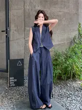 レトロテクスチャーのジャケットベストとワイドパンツ【夏用・優しい印象・大人の女性に最適】（セットアップ対応）