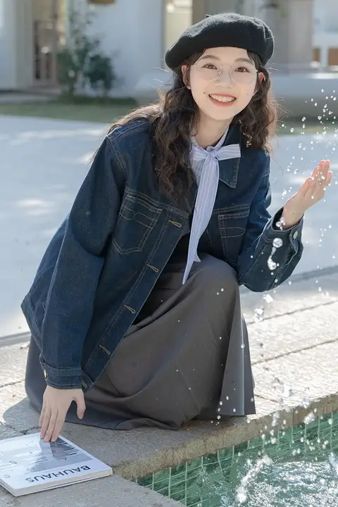 ブルーのレトロデニムジャケット【春秋用・ゆったりシルエット・長袖】