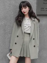 上品な通勤スタイル！グレーグリーンジャケット【百褶スカート付き・春秋向け・女性用】（セットアップ対応）