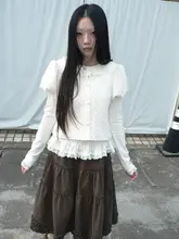 泡袖レースドットデザインのラウンドネック短袖カーディガン