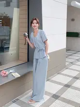 セットアップ 2点セット レディース フレンチ風 オープンワーク トップス ワイドパンツ ライトブルー カジュアル フェミニン きれいめ 上品 夏
