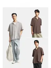 夏用 ゆったりとした麻風ストライプ キューバカラー短袖シャツ