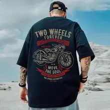 アメリカンヒップホップ風 コットン製 ビンテージバイクデザイン メンズ半袖Tシャツ【極上の柔らかさ・ルーズフィット】