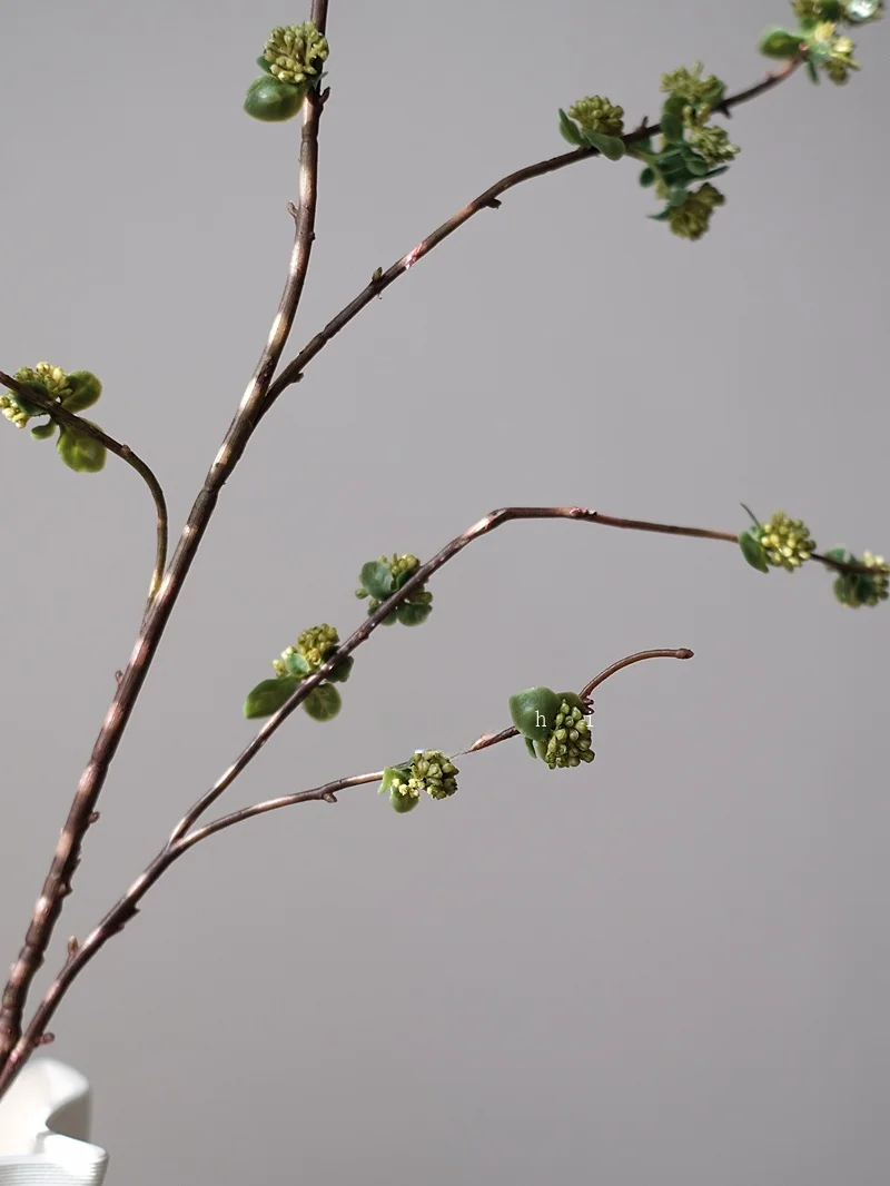 高級感あるグリーンの花芽アートフラワー：侘寂風リビング装飾の実用性と季節感