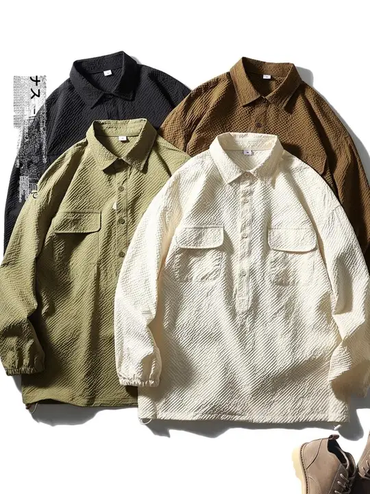 春秋用 軽やかで通気性のある防水泡泡纱 長袖カジュアルシャツ【半開襟・ゆったりデザイン】