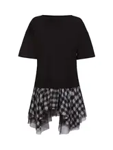 格子模様のチュール素材を使った女性用丸首短袖Tシャツ【甘くクールなデザイン】