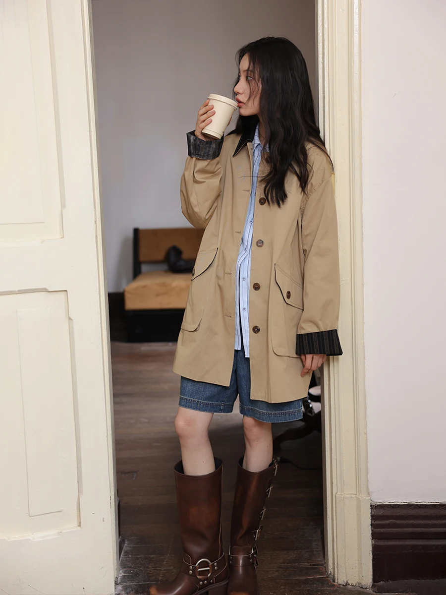 BLUEerror カジュアル配色トレンチコート【コットン製・ミディ丈・カーキ】 大人可愛い服 40代コーデ