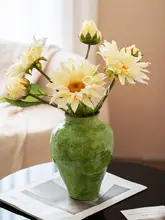 花瓶 セラミック ハンドメイド 広口 グリーン ドライフラワー用 ヴィンテージ風 上品 リビング 民宿 インテリア 置物