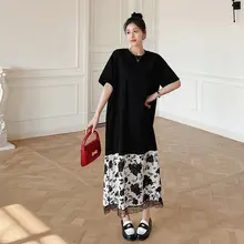 ワンピース風デザインの大きいサイズTシャツロングドレス【カジュアル・膝下丈・短袖・フィット】（セットアップ対応）