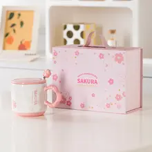 かわいい桜柄セラミックマグカップ【蓋付き・スプーン付き・オフィスや自宅用・ギフトボックス入り】