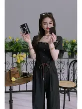 デザインのウエスト調整可能なオールインワンロングパンツ【春夏用・カジュアルスタイル】