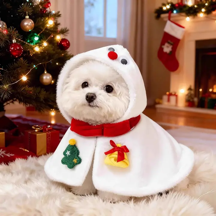かわいいペット用雪だるまデザインの犬用ケープ【冬用・暖かい・装飾付き】