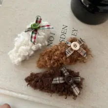 秋冬用 羊毛ボタン付きリボンデザインヘアクリップ【ふんわりファー・前髪用・飛び出し髪用】