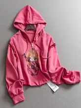 カートゥーンプリントのルーズフィット短丈フード付きジップカーディガン【長袖・レディース・秋用】（セットアップ対応）