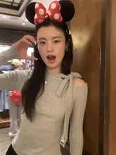 レースデザインのリボン付きニットトップス【女性用・スリムフィット・長袖】