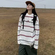 アメリカンレトロデザインの春秋向けプリントストライプゆったり長袖Tシャツ【ラウンドネック】