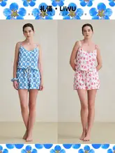 夏用コットン印花キャミソールとショートパンツのルームウェア【Vネック・セクシーなバックオープン・二色展開】（セットアップ対応）