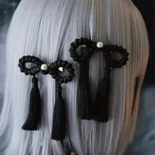 オリジナル手作り風合いのパール風タッセルヘアクリップ【ダークブラック・左右兼用】