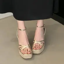 リネン風ストラップ付きフラットウェッジサンダル【女性用・厚底・滑り止め・春夏用】