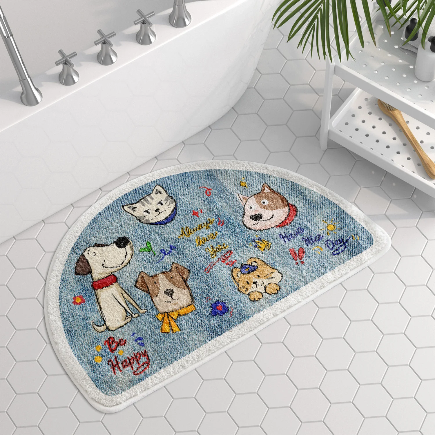 ペット用フロアタイルとしてのかわいい猫と犬のハーフサークルバスルームマットの実用性と特性