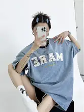 レトロデザインのユニセックスTシャツ【夏用・刺繍・ゆったりフィット・デニム風】