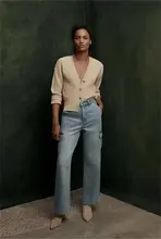 ブルーのワークスタイルストレートデニムパンツ【ワイドレッグ・レディース・大きいサイズ対応】（セットアップ対応）