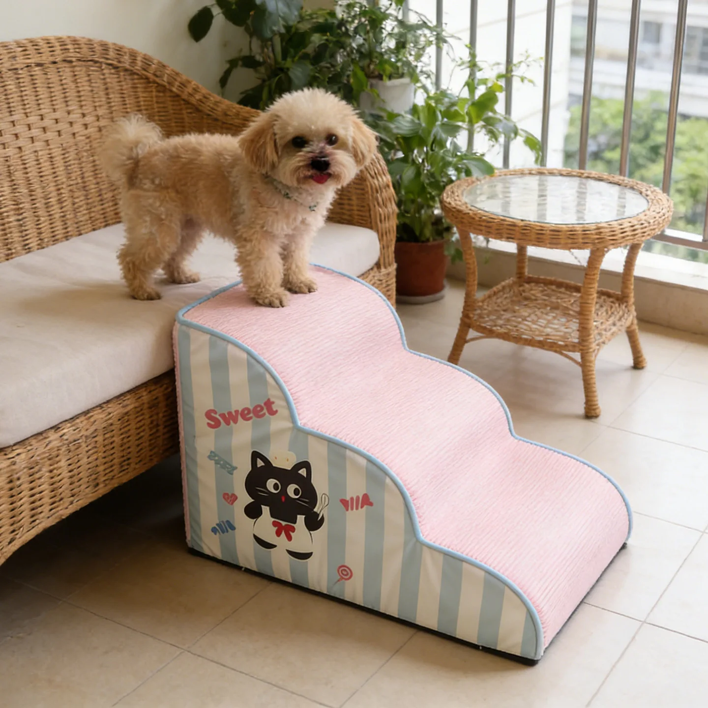 可愛いペットの階段：ホームセンターで購入可能な小型犬用洗えるソファベッド用階段