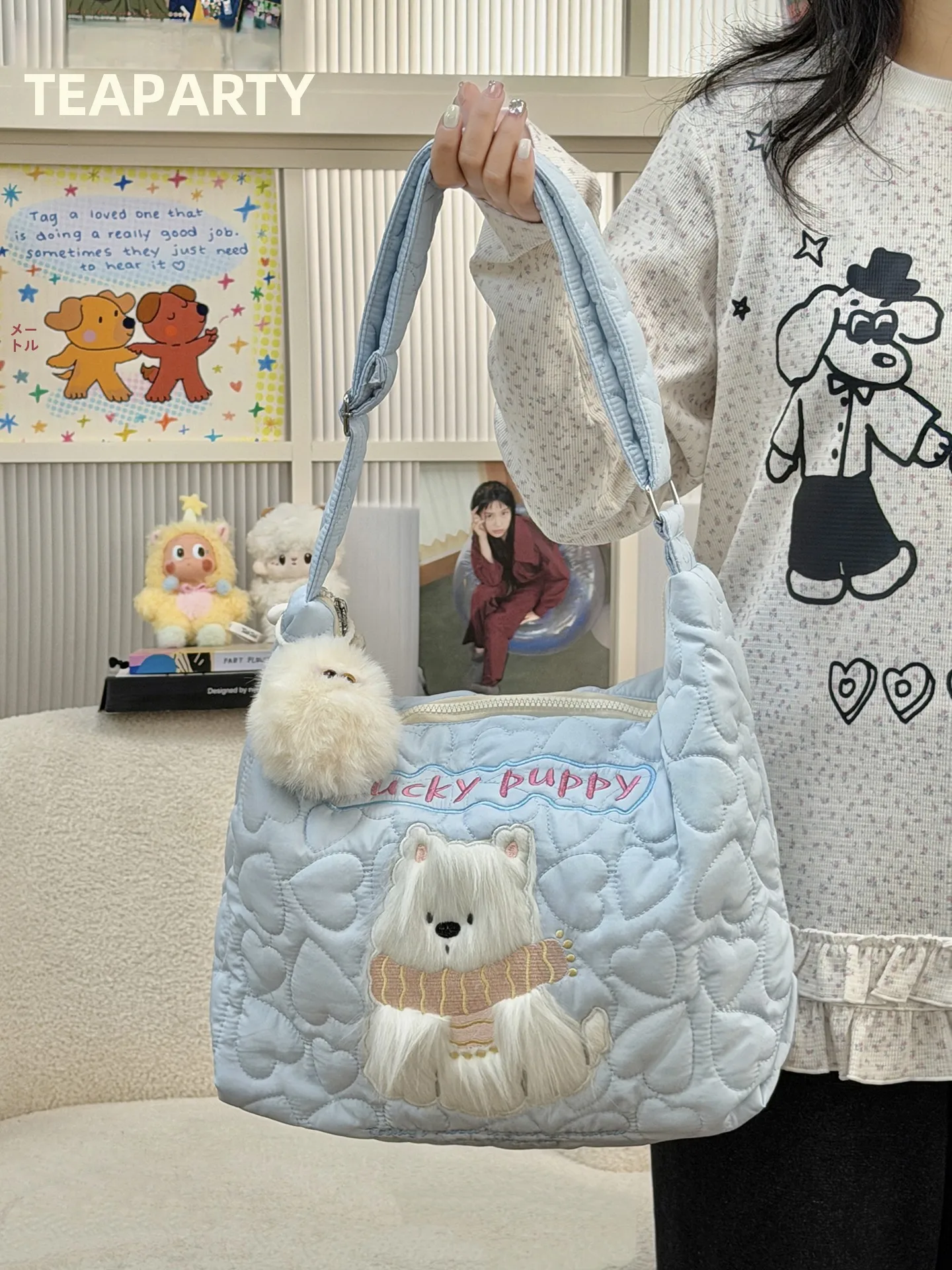 可愛い犬刺繍入りキルティングショルダーバッグ：春用学生向け大容量斜挎包の実用性と使い分け