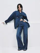 MOCOデザイン コットン混チュニック デニムジャケット【ゆったりシルエット・ドロップショルダー・斜  めボタン】