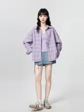 紫色のUVカットチェック柄シャツジャケット【POLOカラー・長袖・トレンド】
