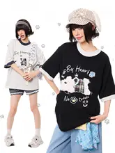 Tシャツ レディース 半袖 クルーネック 子犬柄 フロッキー加工 アメカジ ヴィンテージ プレッピー ゆったり 若見え バイカラー