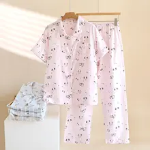 可愛いカートゥーンプリントの純綿ガーゼパジャマ【女性用・短袖・長ズボン・薄手・カーディガン付き・夏用】（セットアップ対応）