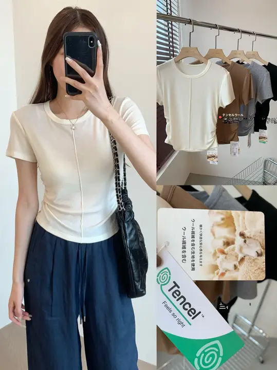 洗練されたデザイン！ライセルウールの脊骨装飾ライン入りタイトフィットラウンドネックTシャツ【単色・短袖】