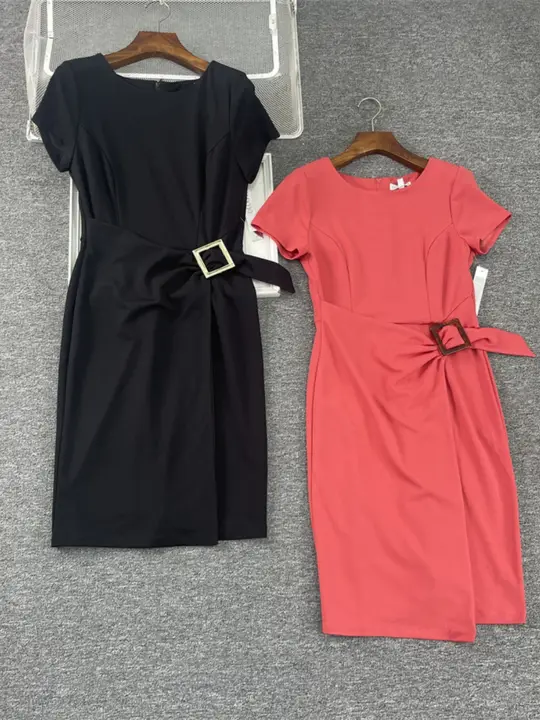 夏用ボタン付きウエストデザインのフィットワンピース【半袖・大きいサイズ対応】