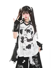 Tシャツ レディース 半袖 猫柄 Vネック ルーズ オーバーサイズ サブカル スポーティー 甘辛MIX 夏