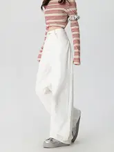 高腰ワイドレッグデニムパンツ【白・ゆったり・ドレープ感・春秋用】（セットアップ対応）