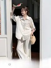 した雰囲気のオーバーサイズシャツ【春秋用・カジュアル・ウエスト調整可能・フレアパンツ・セットアップ対応】