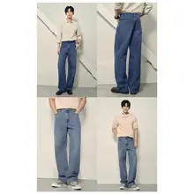 春夏用コットン製 メンズワイドストレートジーンズ【中腰・ルーズフィット】