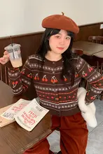 カフェ風さくらんぼプリントの大きいサイズ ニットセーター【女性用・ルーズフィット・秋冬】